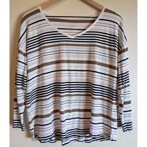 J.Jill Multi-Stripe V-Neck Long Sleeve Tee Modern Casual Soft Rayon Tencel Top M